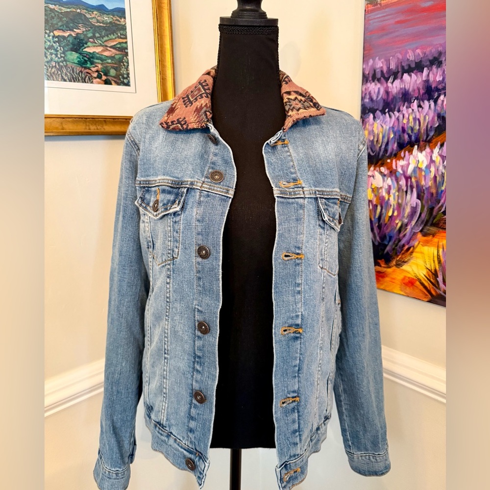 Jean Jacket with upcycled collar. Soft denim. Size XS/S PTP 20” NWOT